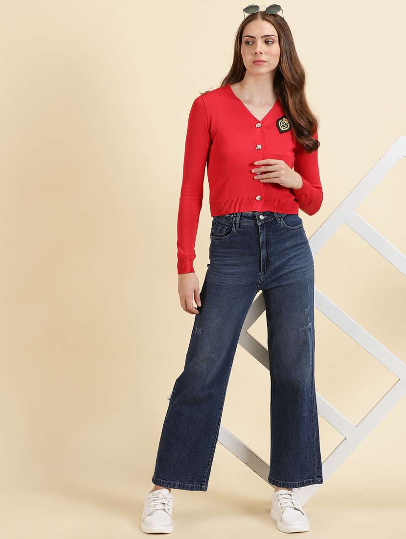 red solid v neck cardigan - 19698898 - Standard Image - 4