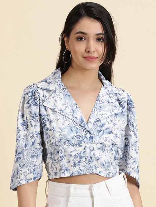 women's crop lapel neck top - 19699163 - Standard Image - 0