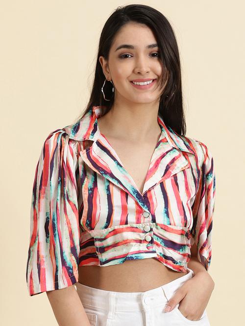 women's crop lapel neck top - 19699171 - Standard Image - 0