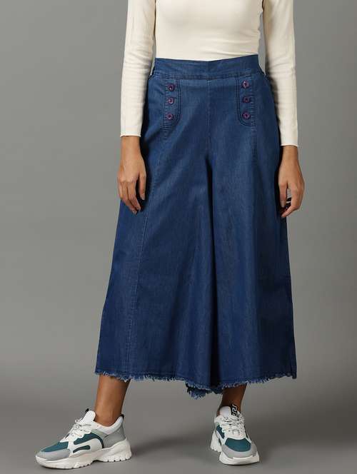 blue solid wide leg trouser - 19699183 - Standard Image - 0