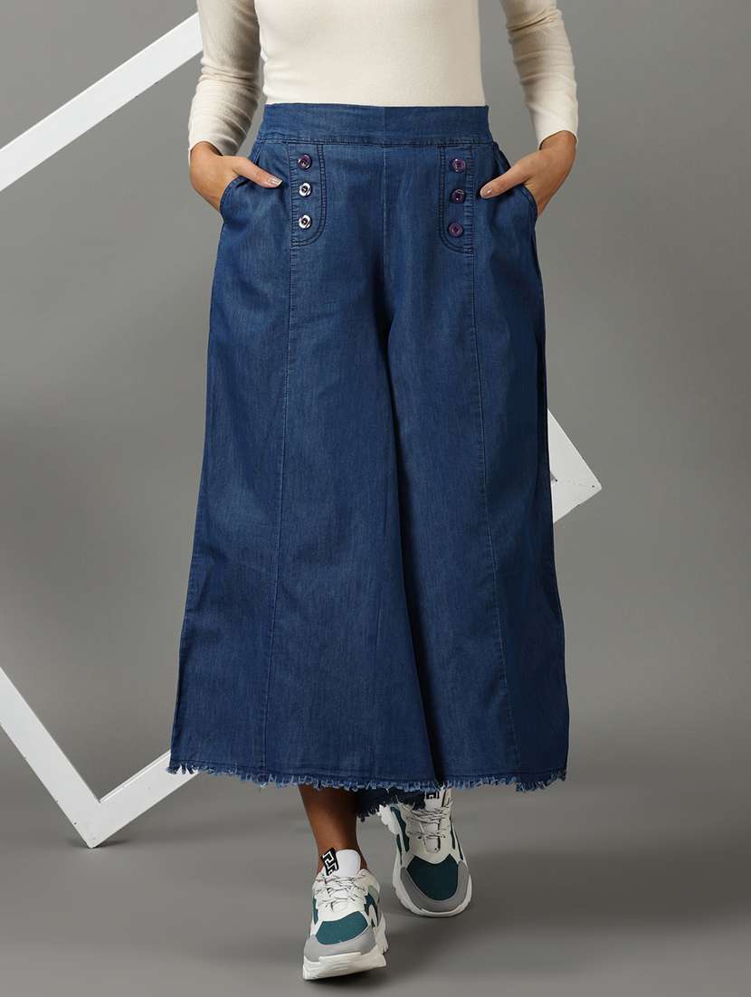 blue solid wide leg trouser - 19699183 - Standard Image - 1