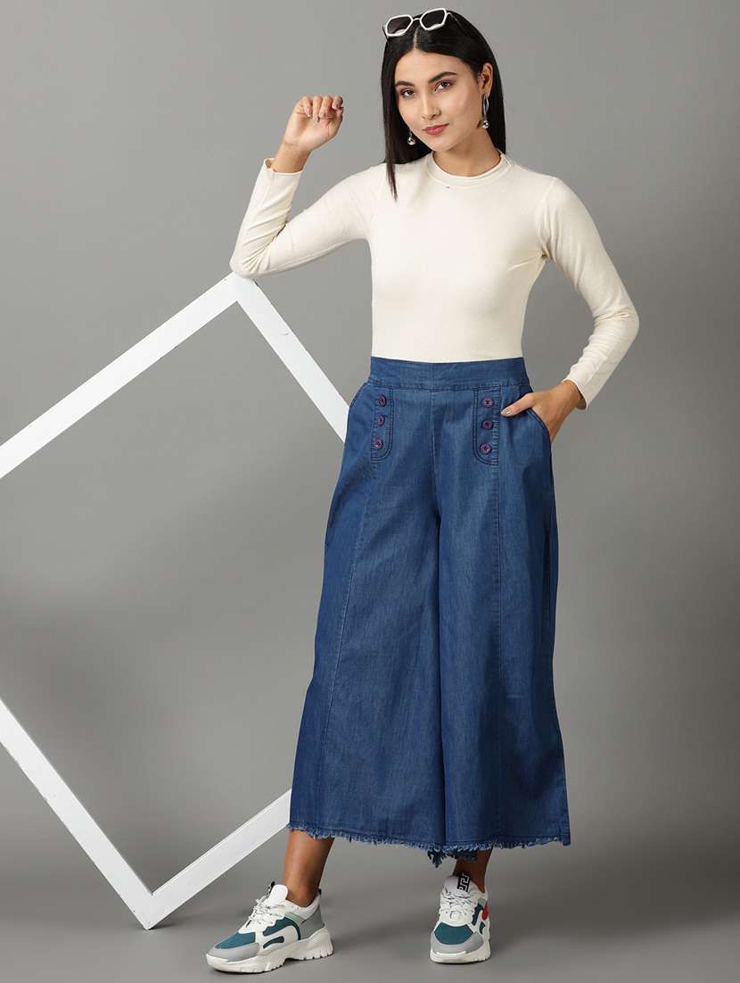 blue solid wide leg trouser - 19699183 - Standard Image - 4