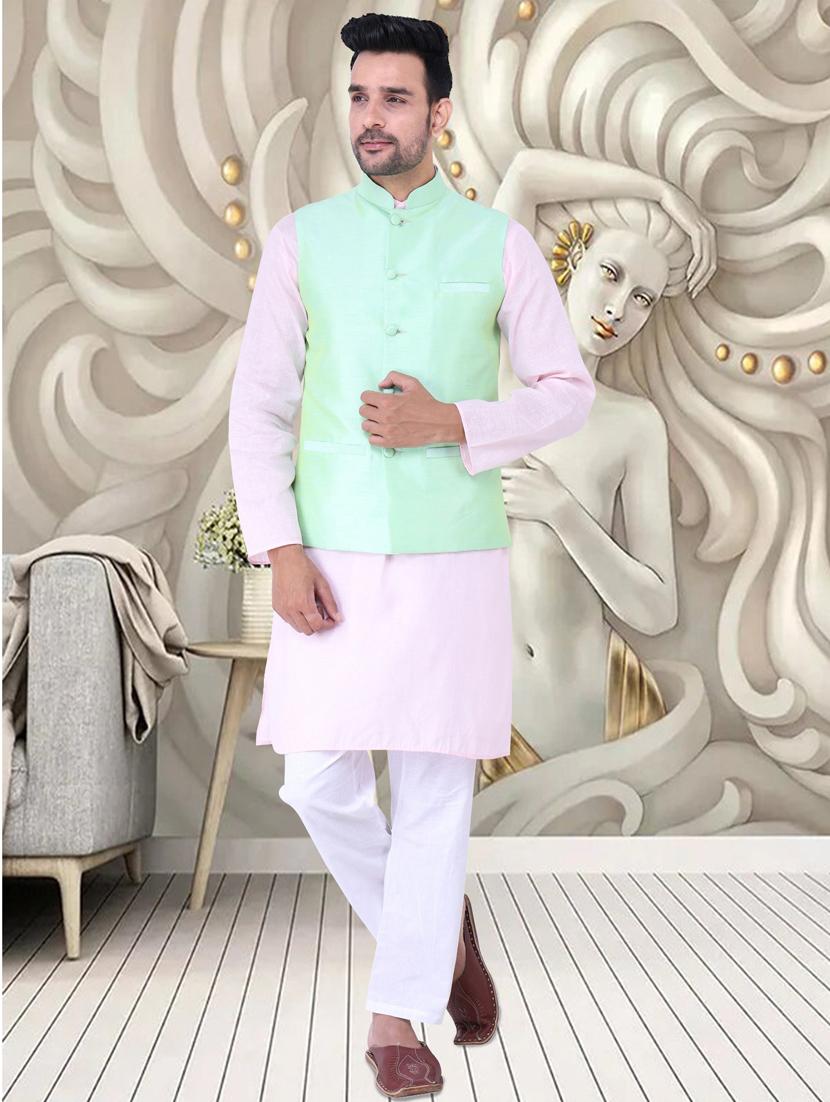 multi colored solid kurta pyjama with nehru jacket - 19702857 - Standard Image - 4