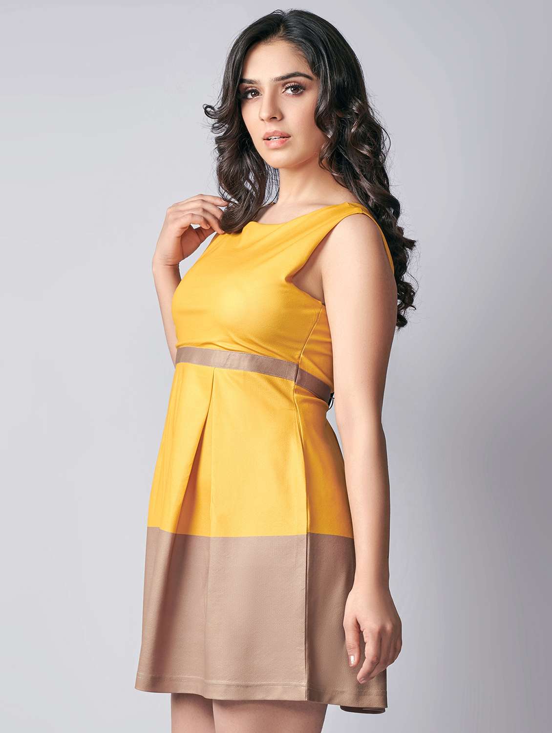 yellow color block fit & flare dress - 19703328 - Standard Image - 1