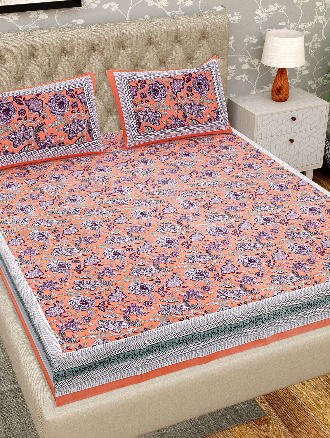 patrico floral 300 tc cotton king size double bedsheet with 2 pillow covers