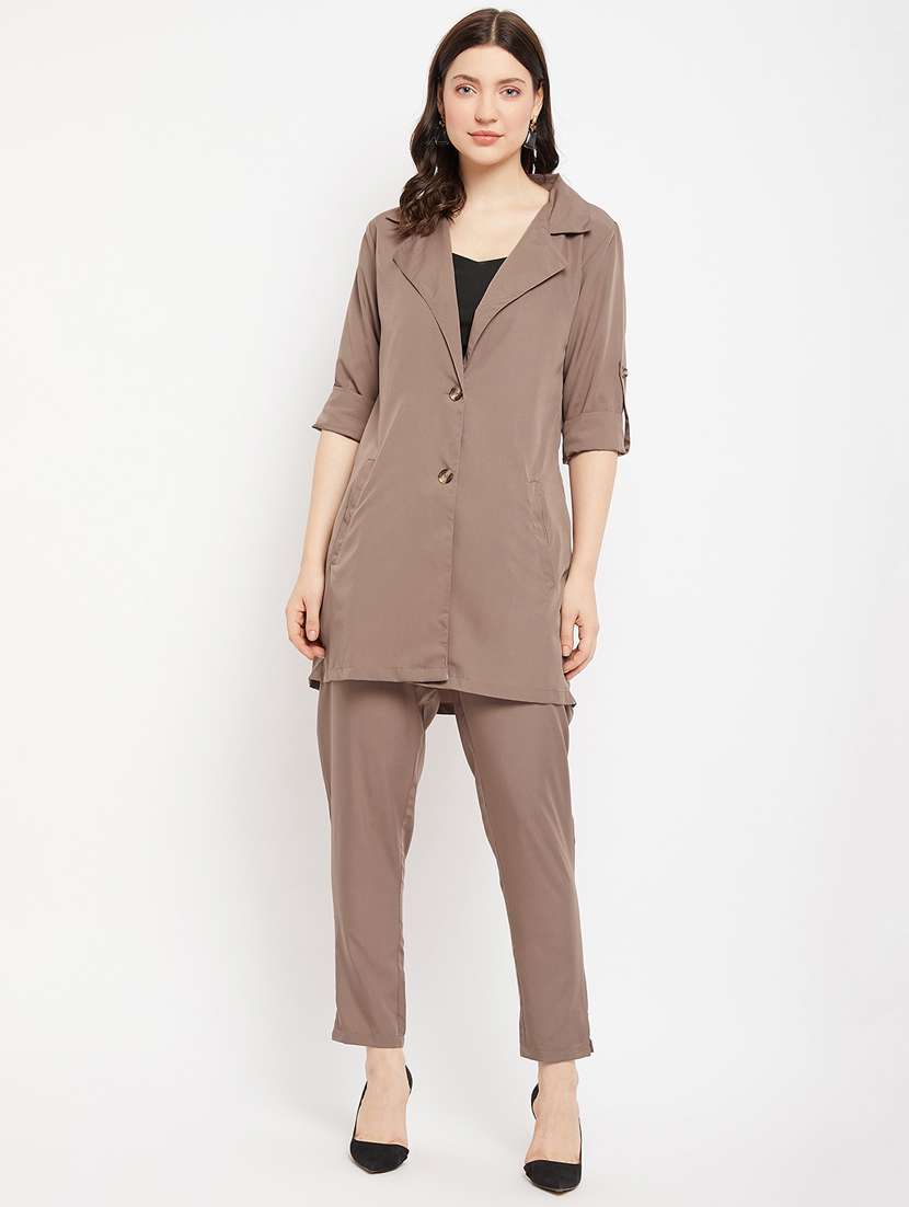 brown solid top and trouser set co-ord