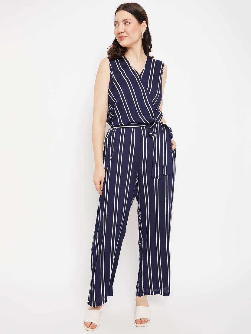 navy blue striped full leg jumpsuit