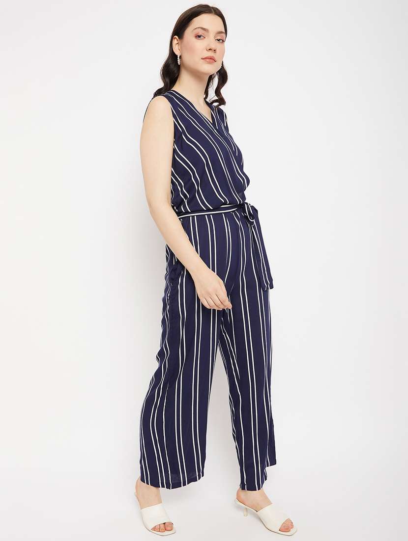 navy blue striped full leg jumpsuit - 19705484 -  Standard Image - 1