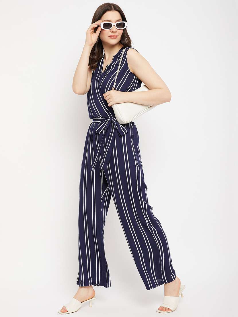 navy blue striped full leg jumpsuit - 19705484 -  Standard Image - 4