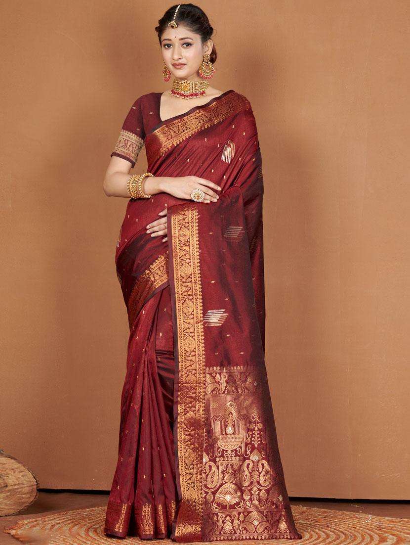 maroon self design banarasi saree with blouse