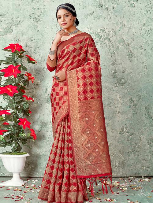 women's self design red colored saree with blouse - 19708806 -  Standard Image - 0