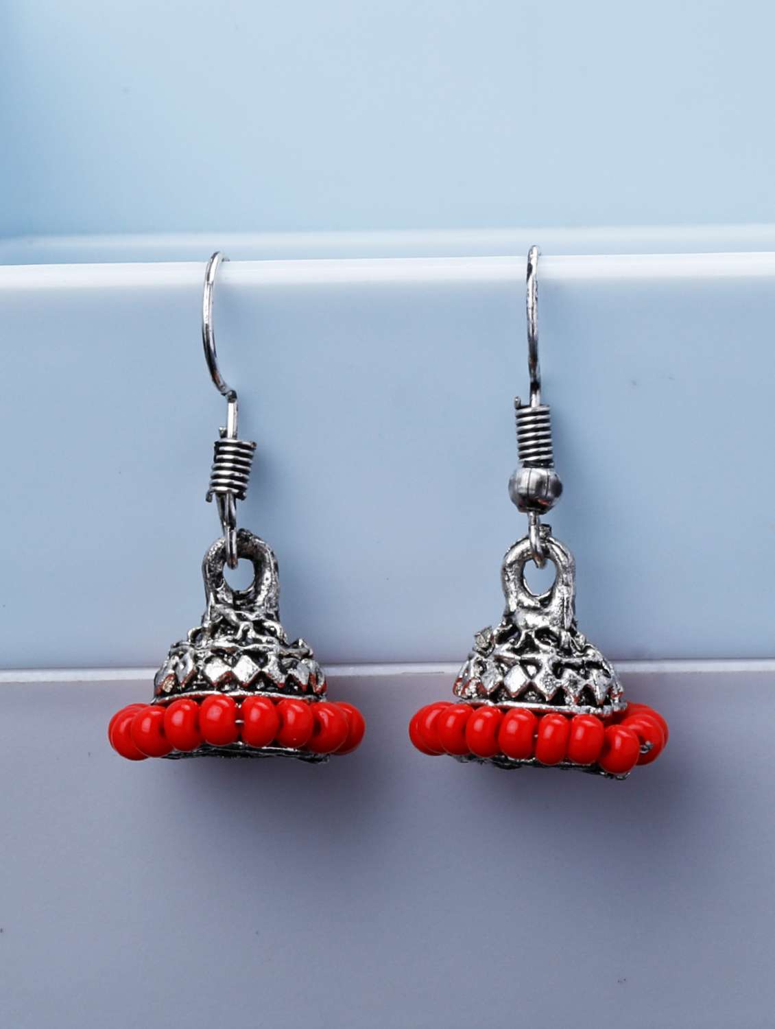red silver plated jhumka earring