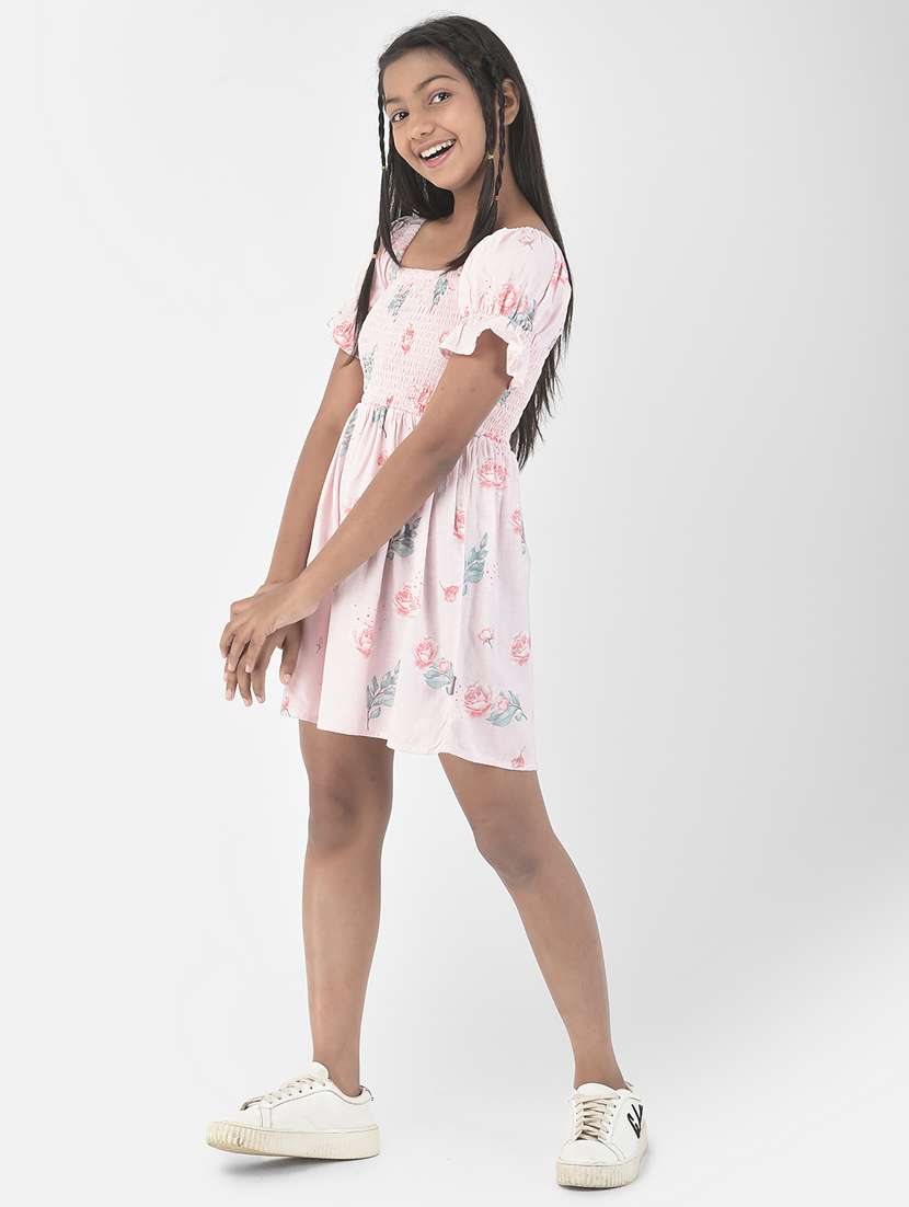 Girls Pink Square Neck Short Sleeves Dress