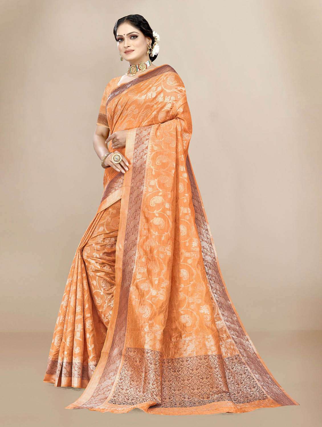 women's self design peach colored saree with blouse - 19717848 -  Standard Image - 1