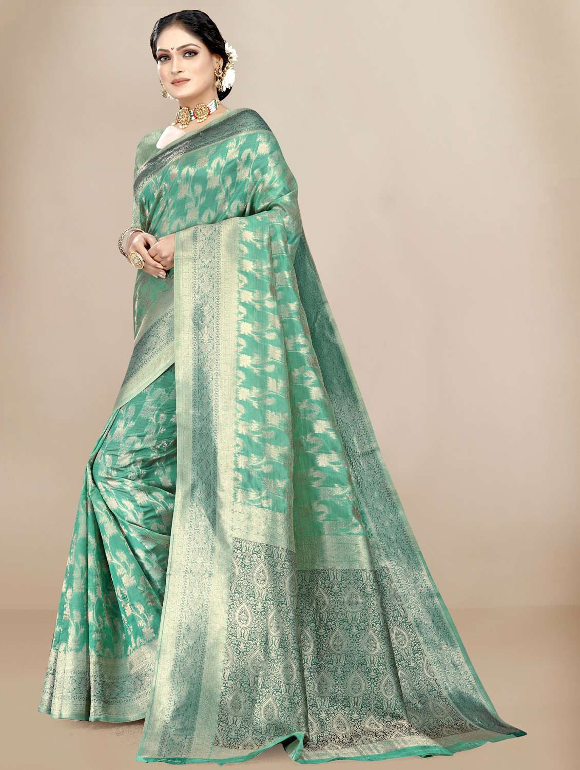 women's self design sea green colored saree with blouse - 19717853 -  Standard Image - 1