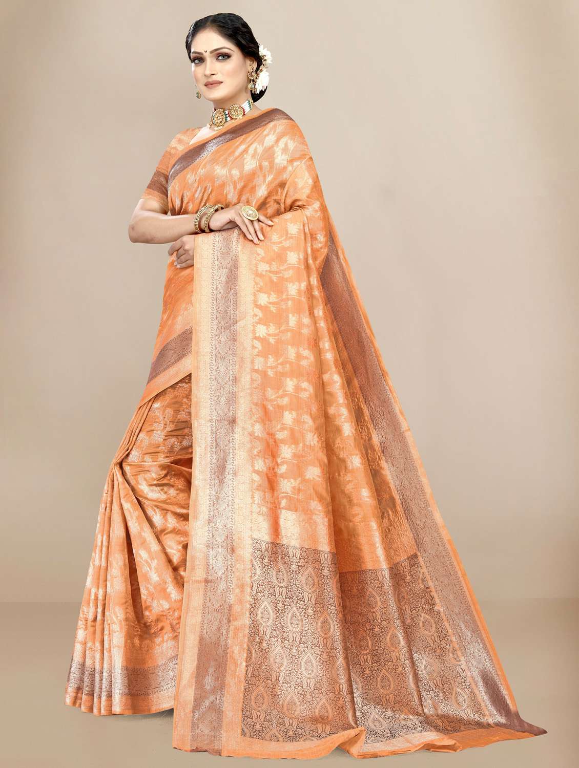 women's self design peach colored saree with blouse - 19717855 -  Standard Image - 1
