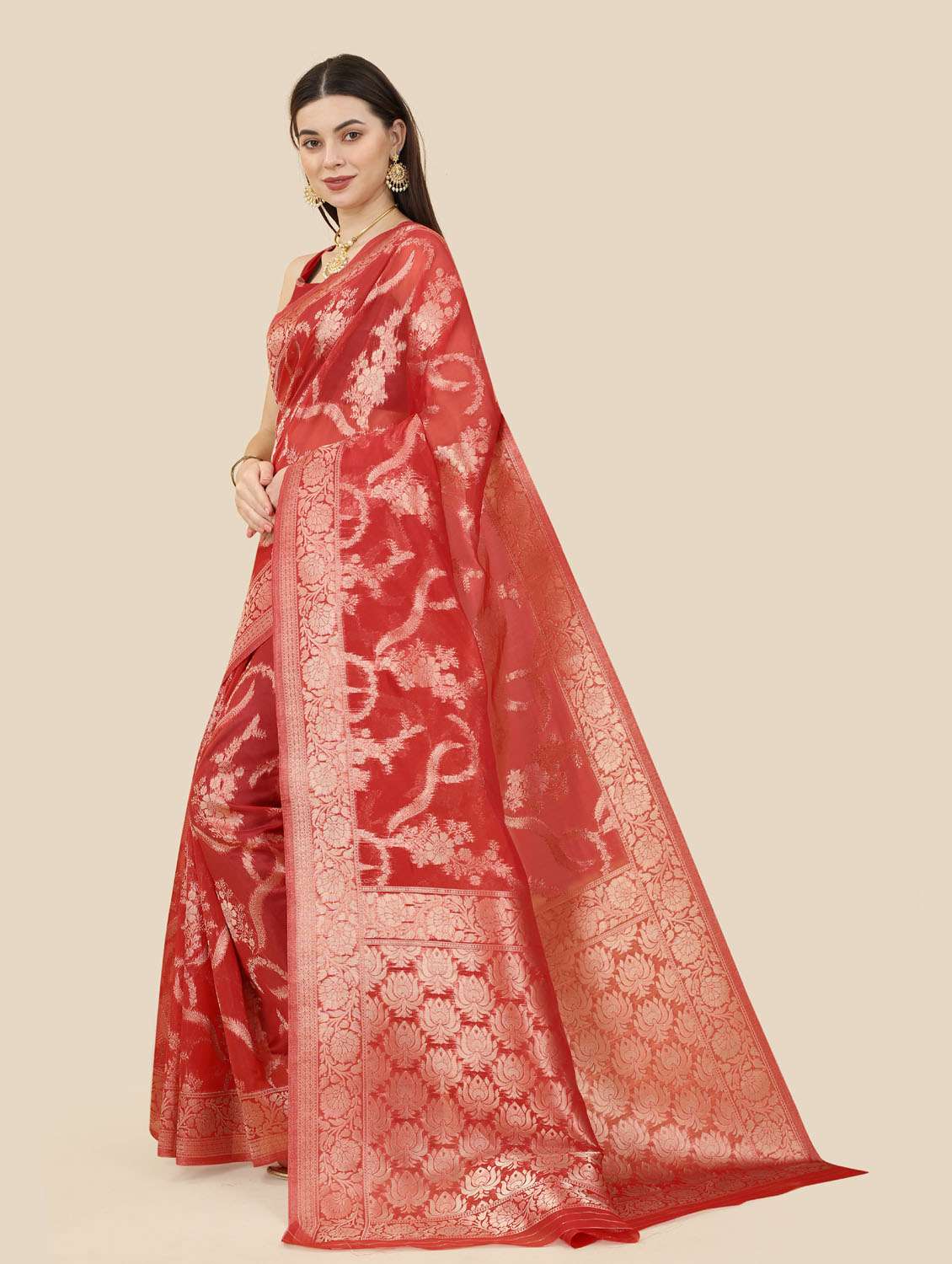 women's self design red colored saree with blouse - 19717886 -  Standard Image - 1