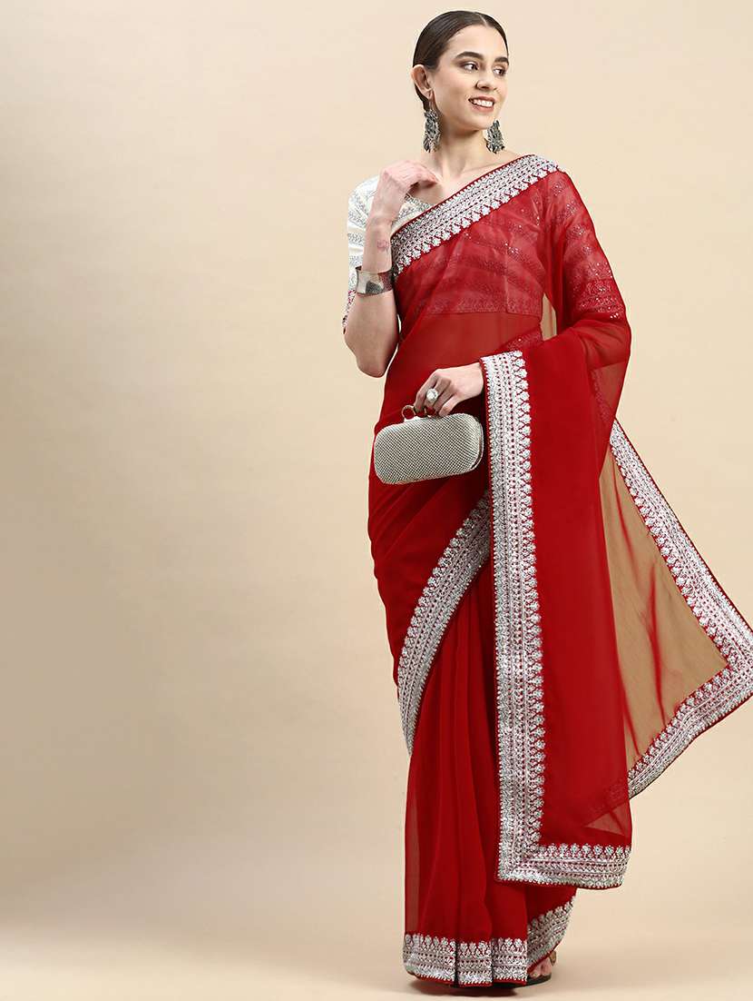 women's bordered red colored saree with blouse