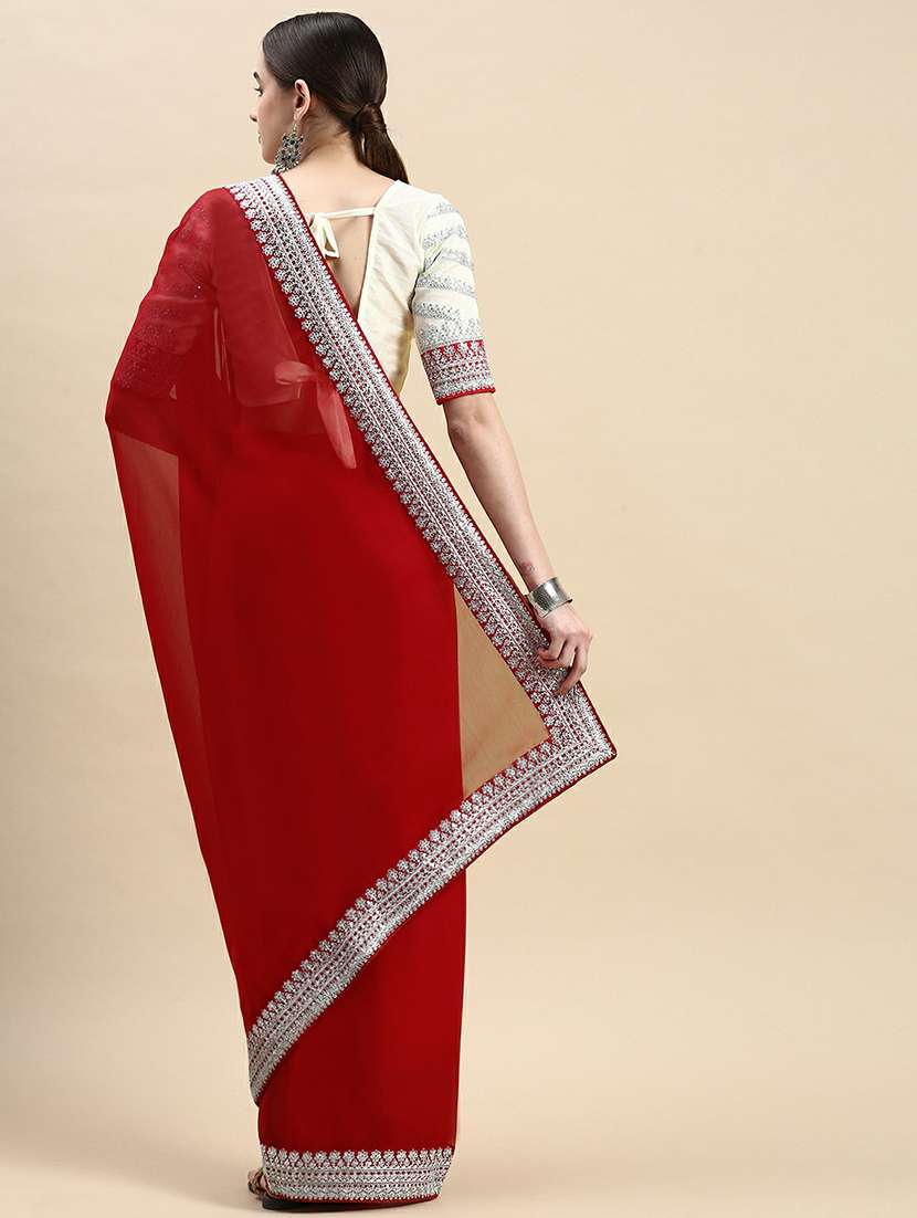 women's bordered red colored saree with blouse - 19717940 -  Standard Image - 1