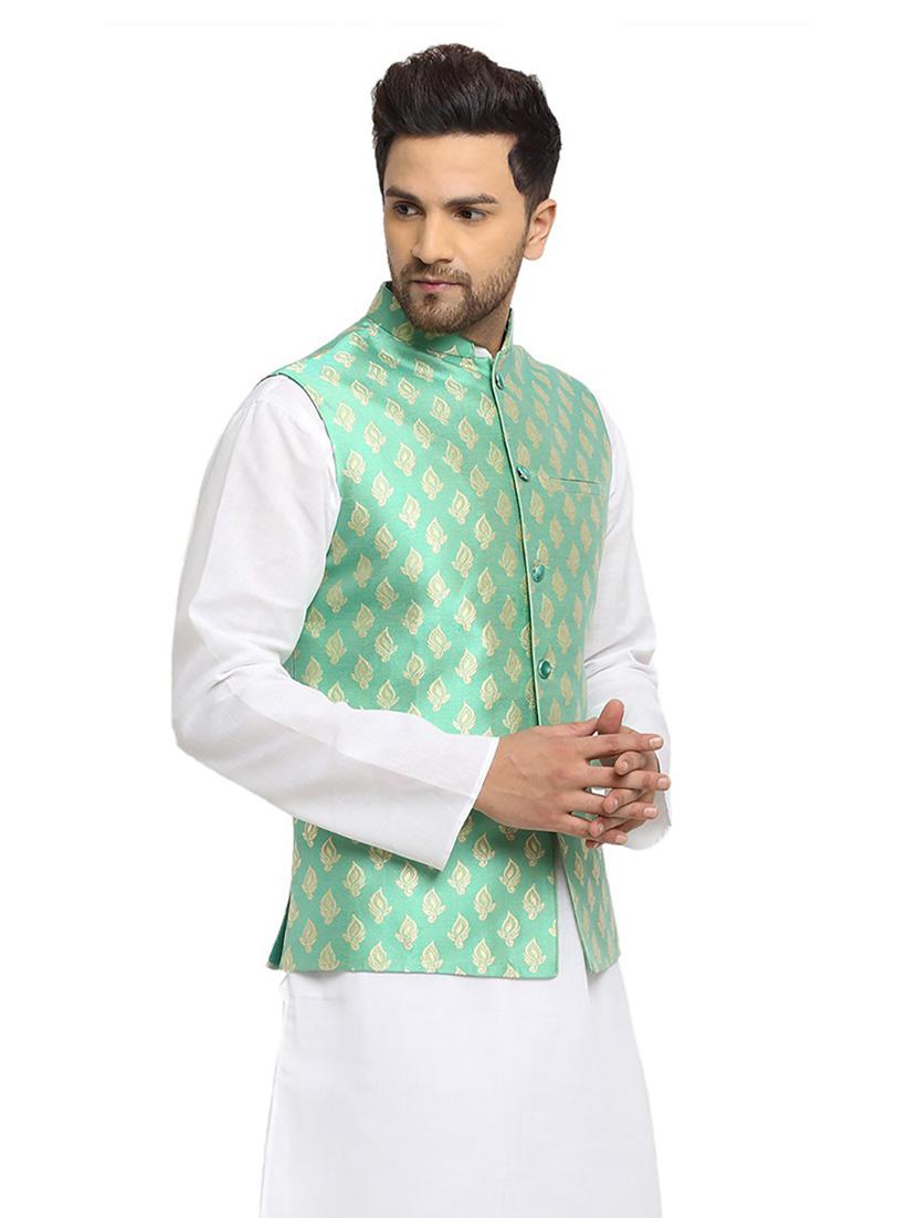 men mandarin collar woven nehru jacket - 19718180 - Standard Image - 1