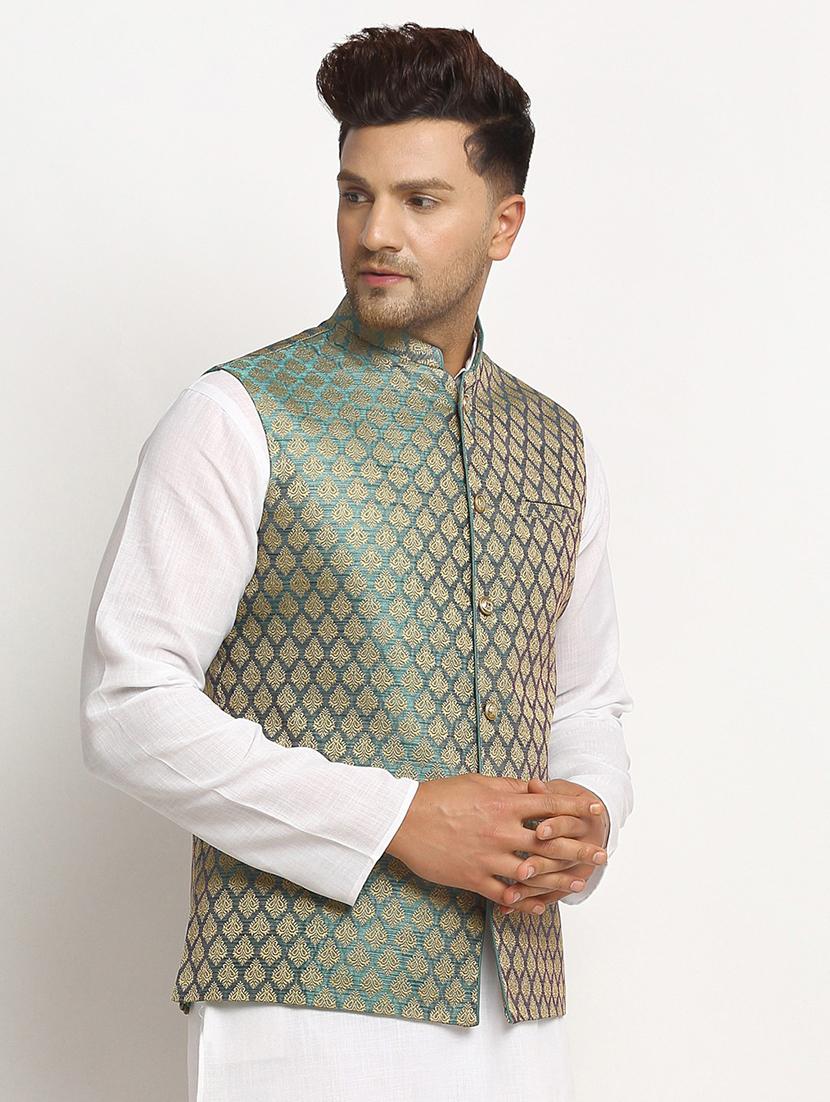 men mandarin collar woven nehru jacket - 19718187 - Standard Image - 1