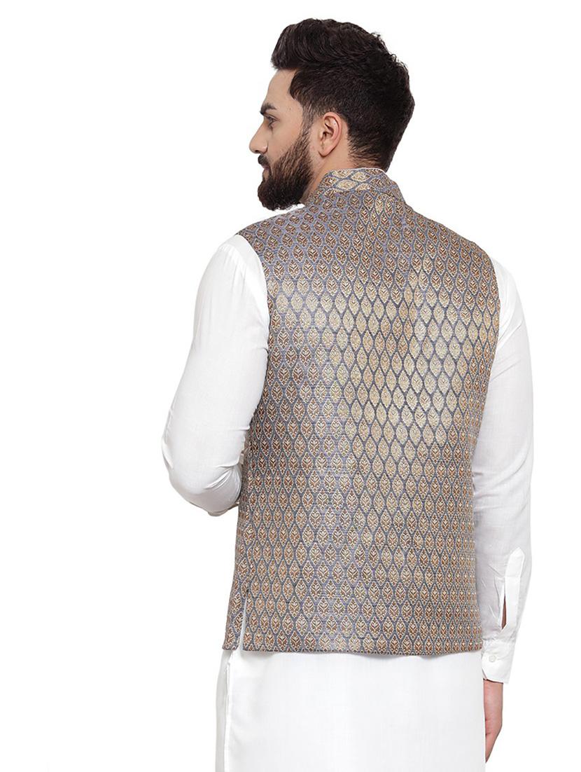 men mandarin collar woven nehru jacket - 19718202 - Standard Image - 1