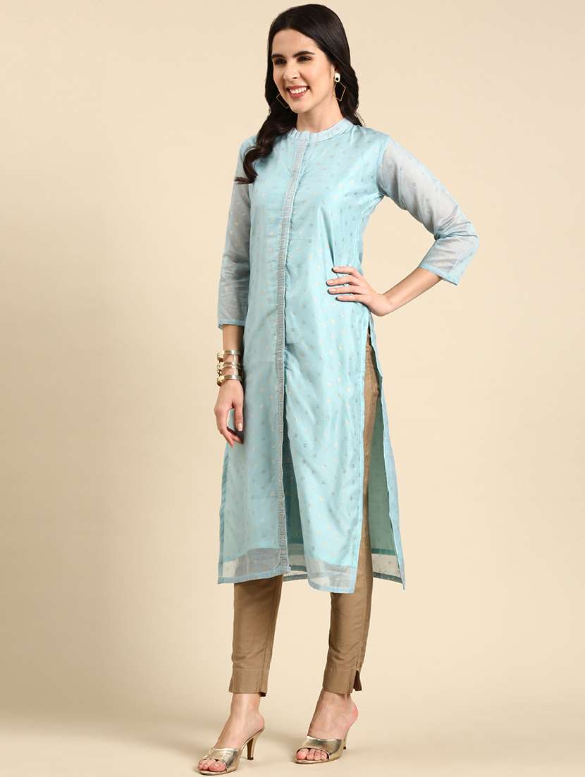 mandarin neck solid front slit kurta - 19719229 -  Standard Image - 1