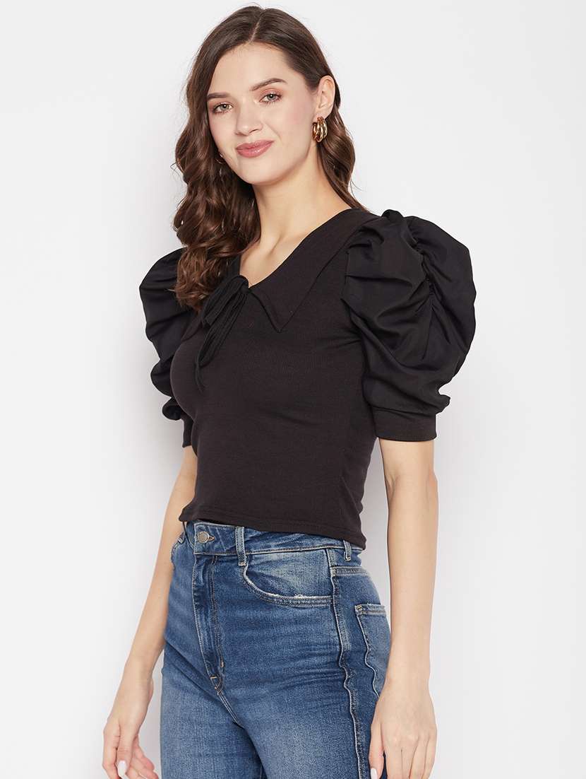 women's solid black tie-up neck top - 19723865 -  Standard Image - 1