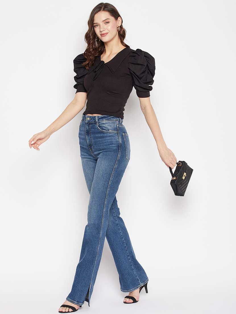 women's solid black tie-up neck top - 19723865 -  Standard Image - 4