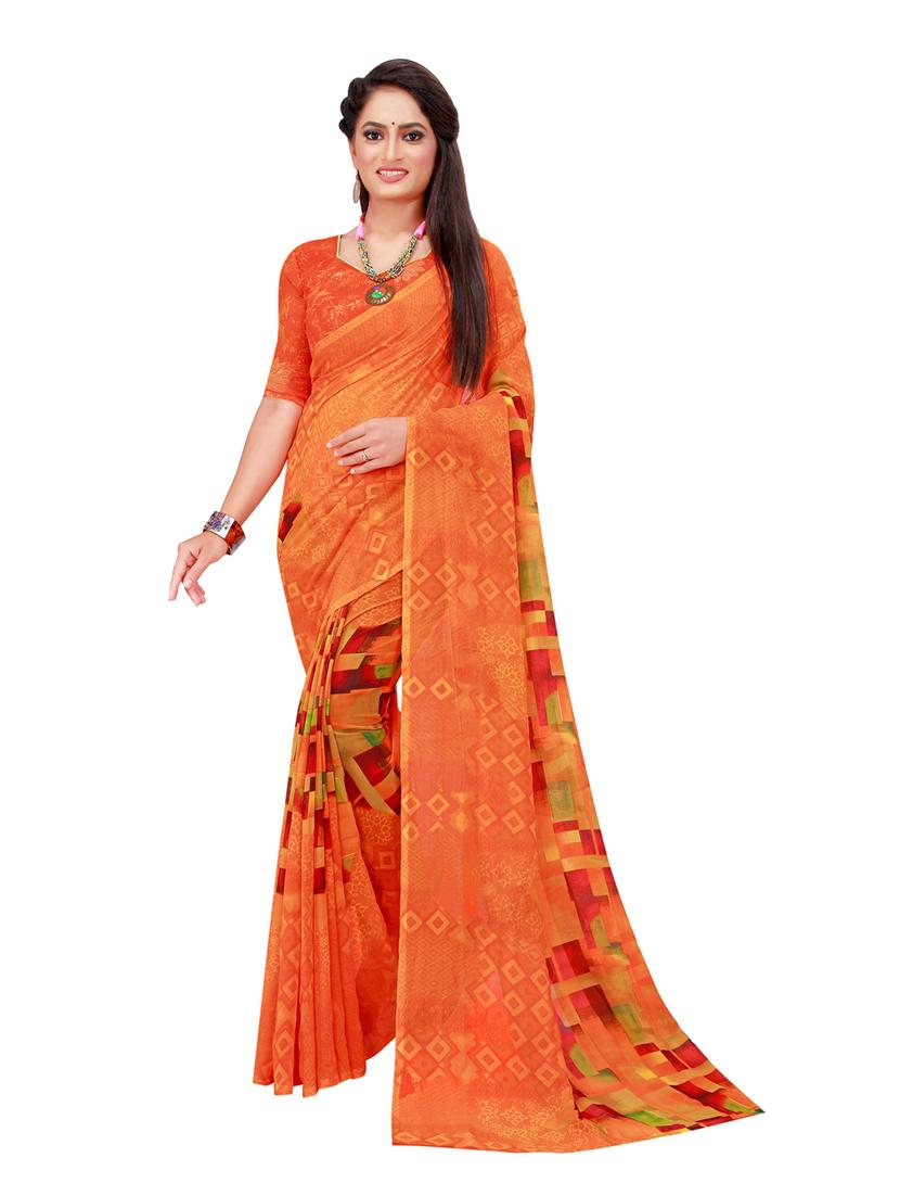 women's printed orange colored saree with blouse - 19727298 - Zoom Image - 0