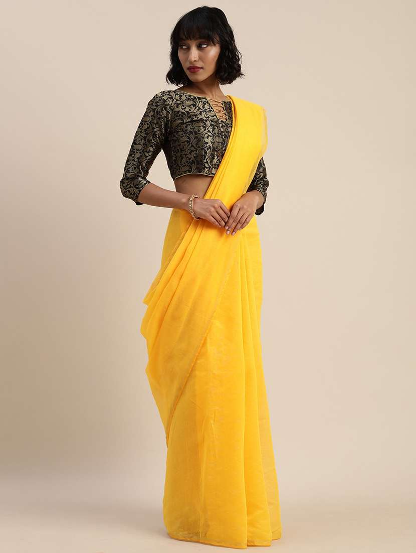 women's solid yellow colored saree with blouse
