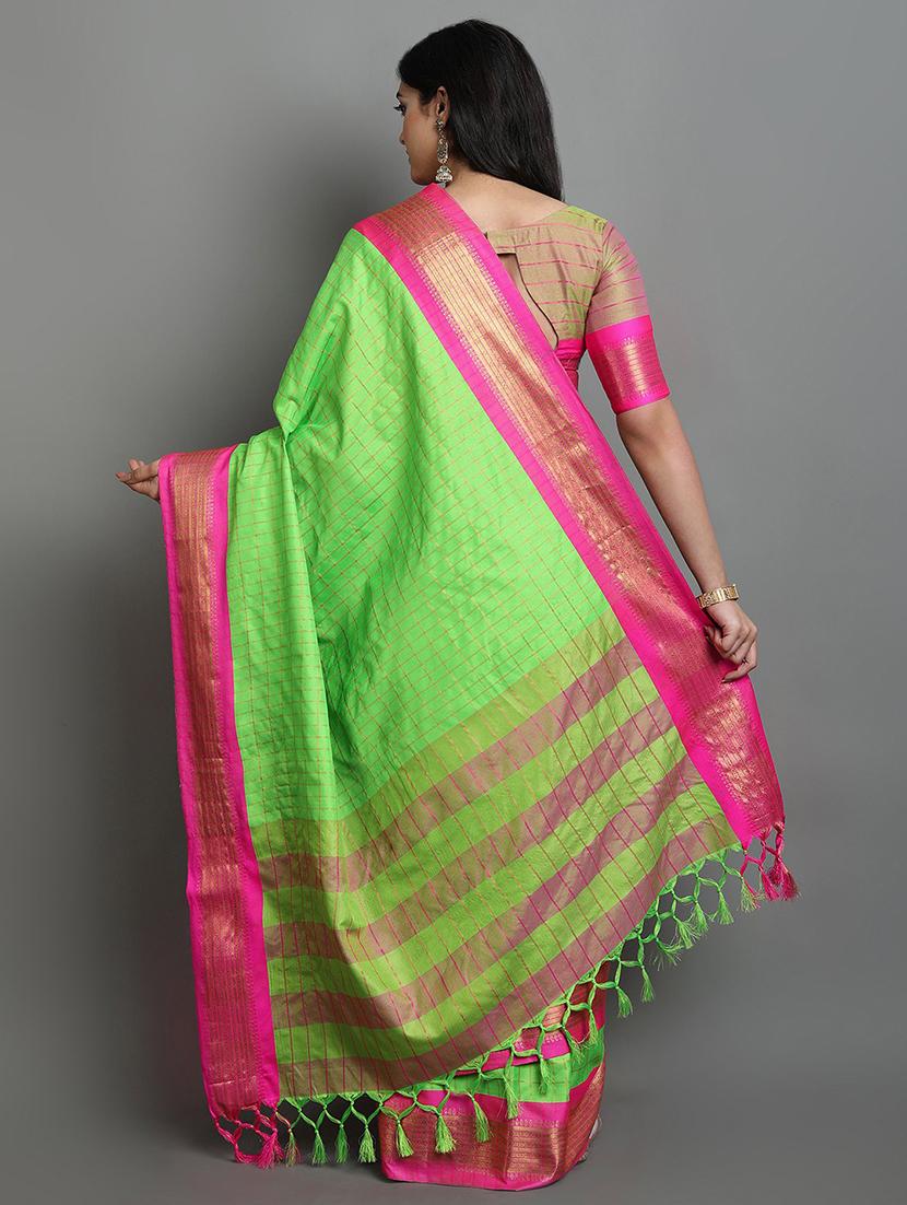 women's checks green colored saree with blouse - 19733784 - Standard Image - 1