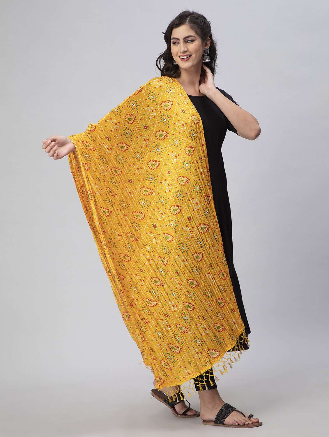 yellow crinkled printed dupatta with fringes - 19734467 -  Standard Image - 1