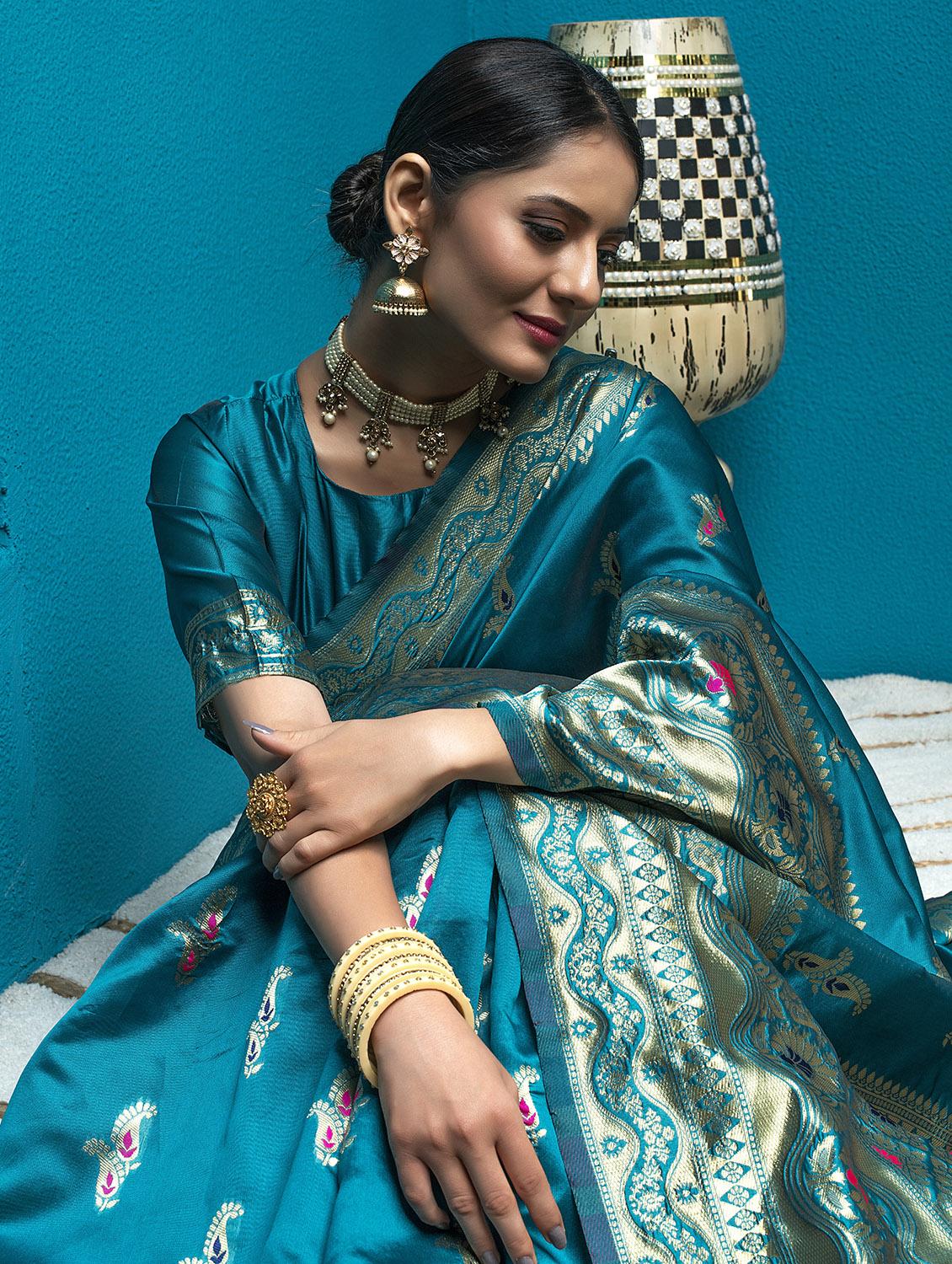 women's self design light blue colored saree with blouse - 19735876 -  Standard Image - 1