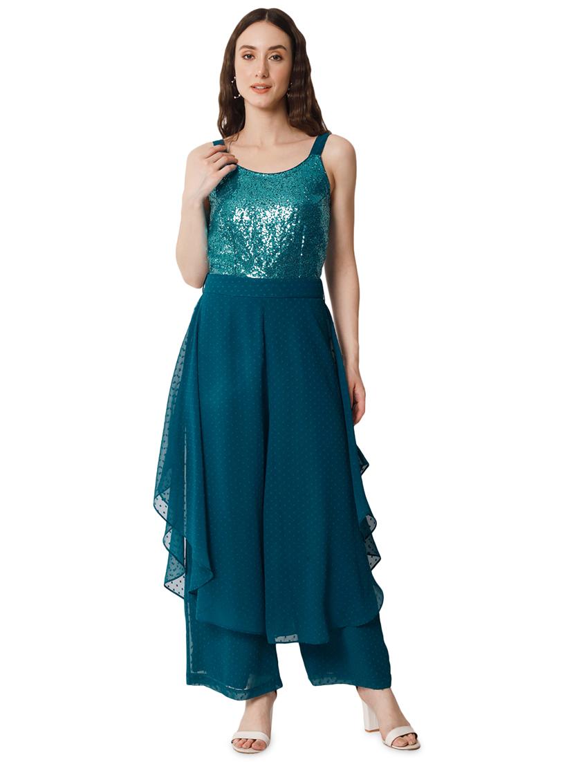 blue poly georgette full leg  jumpsuit - 19737735 -  Zoom Image - 0