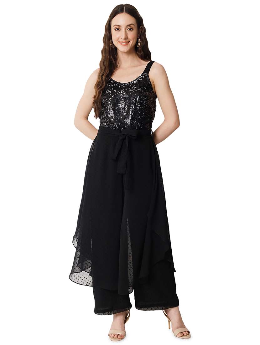 black poly georgette full leg  jumpsuit