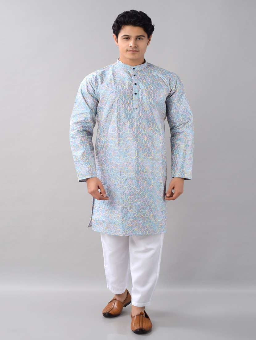 blue embroidered cotton long kurta