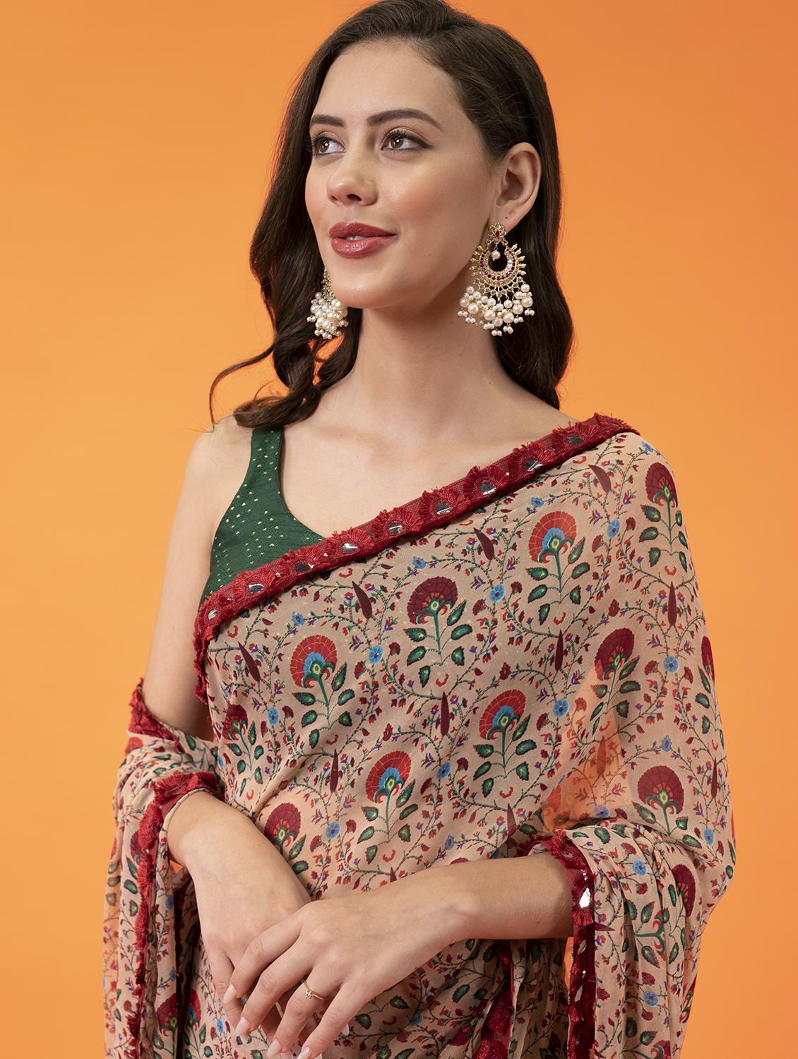 women's floral peach colored saree with blouse - 19745399 - Standard Image - 4