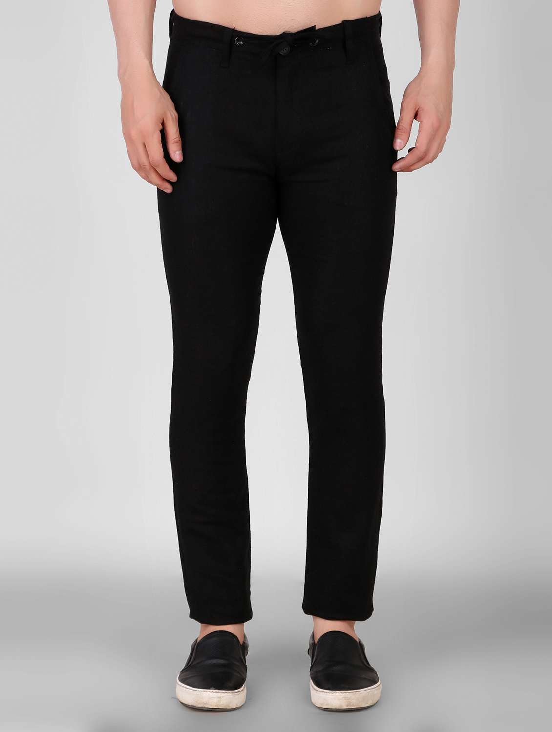 black solid flat front full length trouser