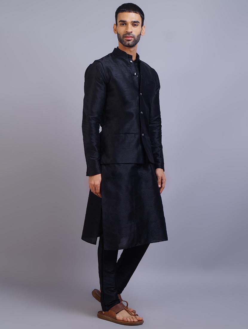 men mandarin collar solid kurta pyjama set with nehru jacket - 19750149 - Standard Image - 1