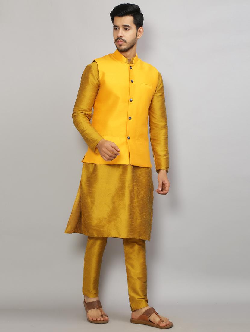 men mandarin collar solid kurta pyjama set with nehru jacket - 19750168 - Standard Image - 1