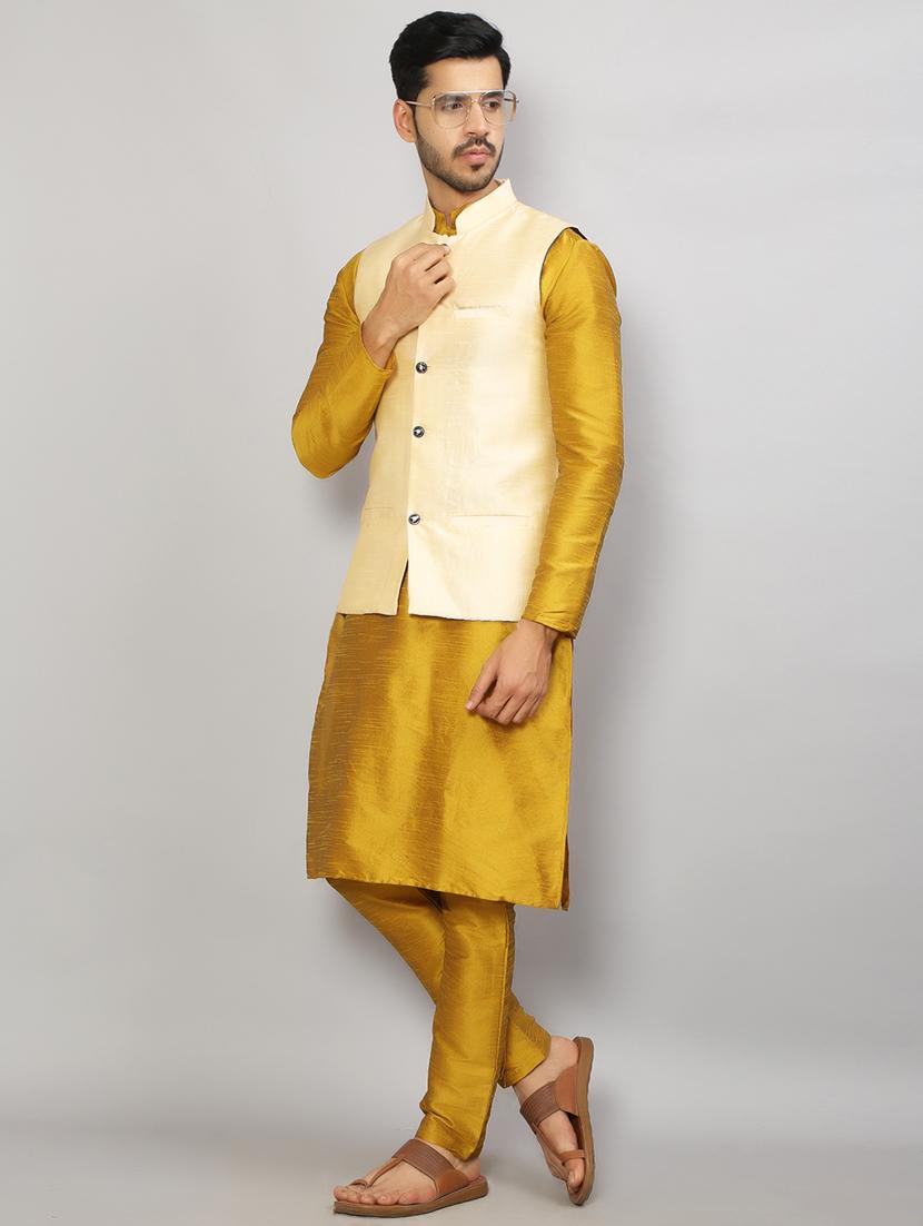 mandarin neck solid kurta pyjama with jacket - 19750181 - Standard Image - 1