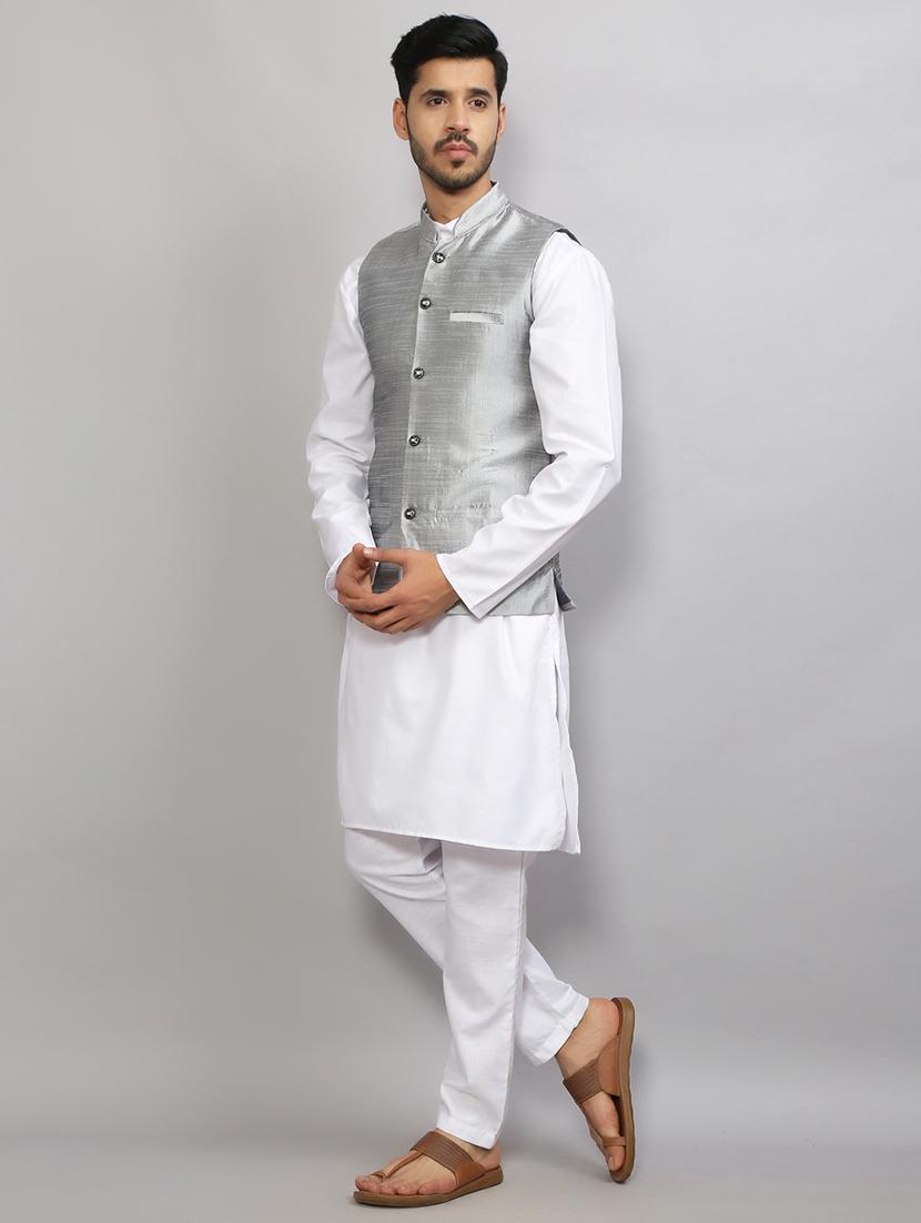 mandarin neck solid kurta pyjama with jacket - 19750187 - Standard Image - 1