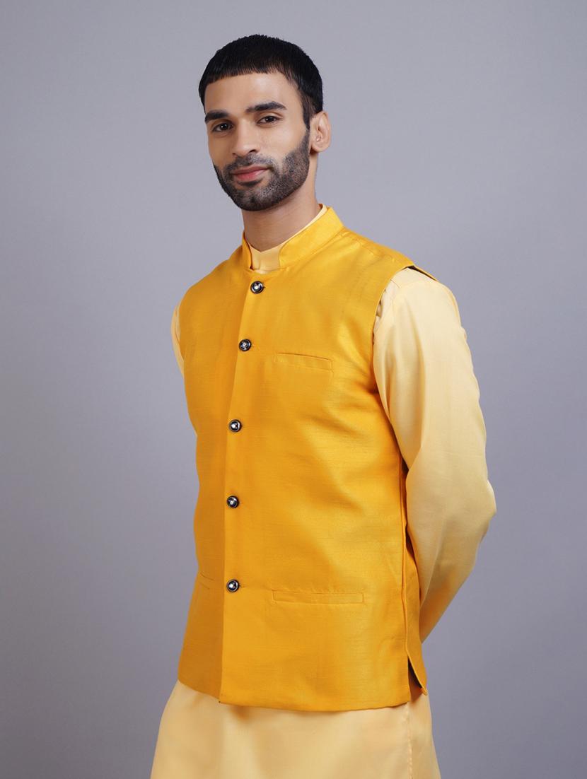 yellow silk nehru jacket - 19750258 - Standard Image - 1