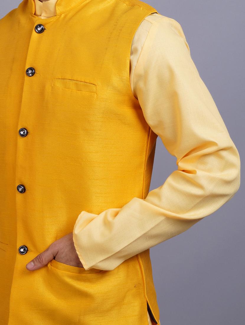 yellow silk nehru jacket - 19750258 - Standard Image - 4