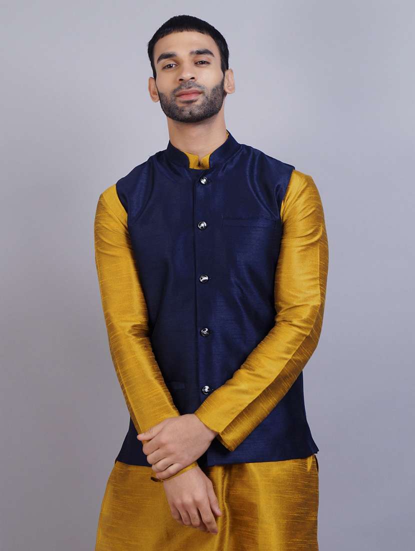 navy blue silk nehru jacket - 19750260 -  Standard Image - 1