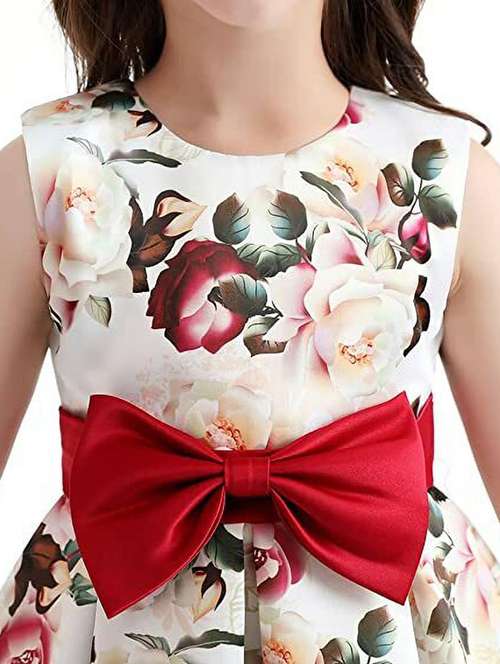 Girls Round Neck Bow Tie Waist Printed Frock