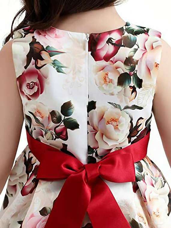 girls round neck bow tie waist printed frock - 19750372 -  Standard Image - 1