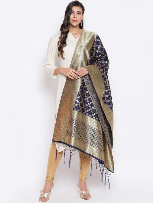 navy silk blend dupatta - 19754934 -  Standard Image - 0
