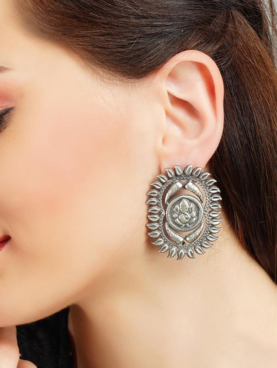 silver ganesh studs earring - 19754978 - Standard Image - 1